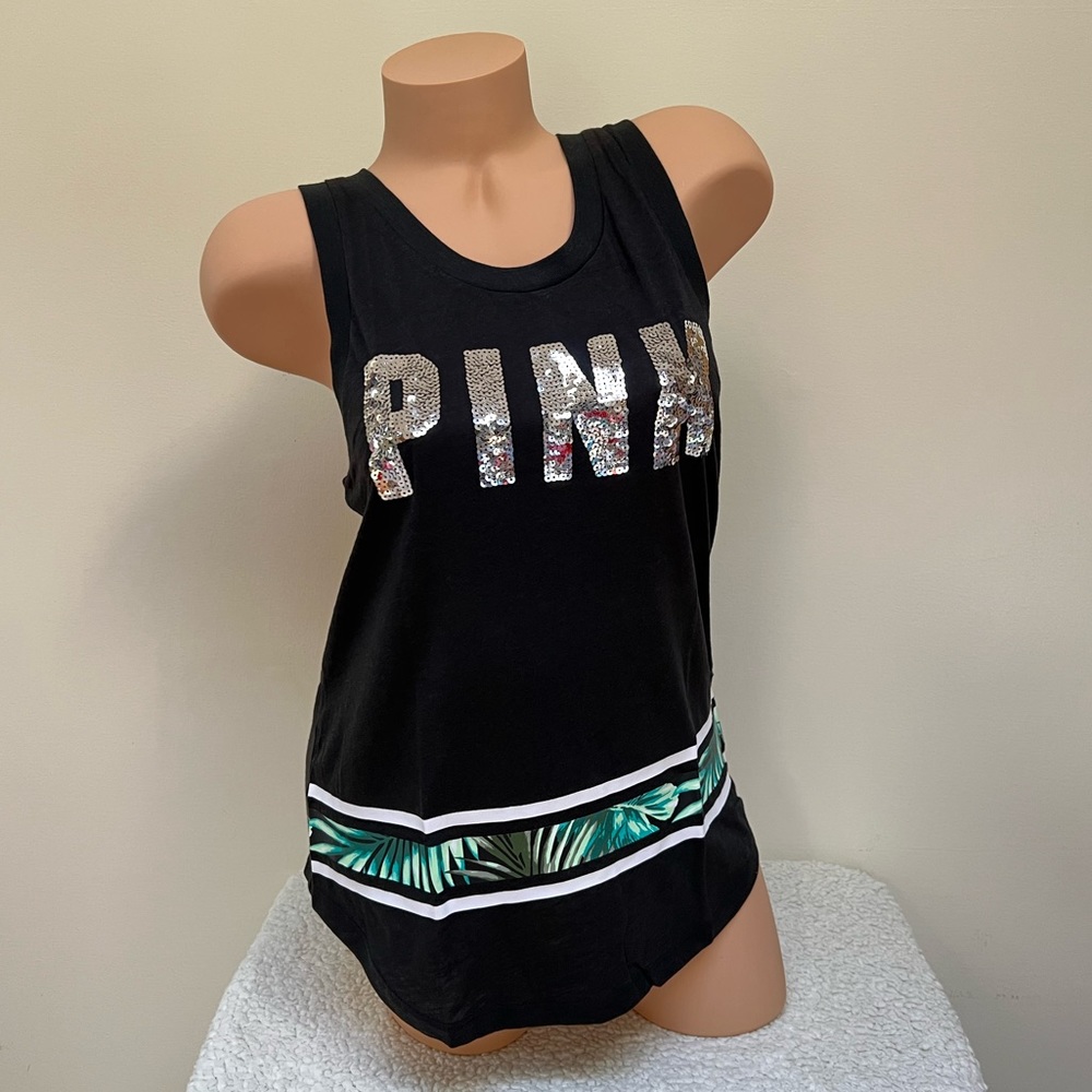 Victoria’s Secret PINK Green Fern Tropical Palm Sequin Bling Tank Top XS